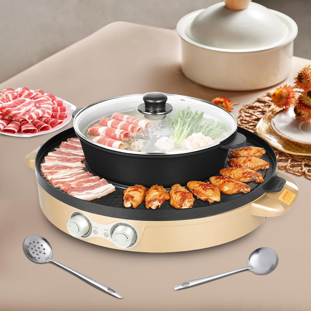 Elektrischer Doppel BBQ und Hotpot Grill, 2200W Leistung, 29cm Antihaft‑Topf mit abnehmbarer Basis,