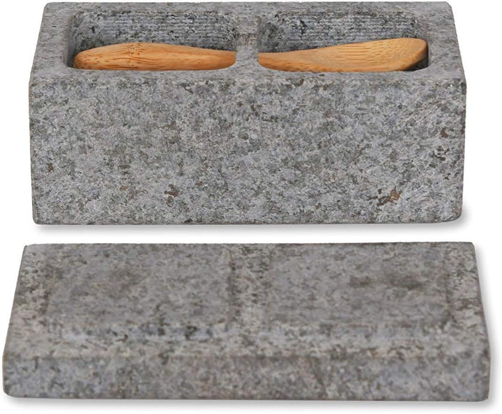Ckb Ltd Salz- und Pfefferbox aus Granit, mit Bambuslöffel, Steinbox mit Deckel für Kräuter und Gewür