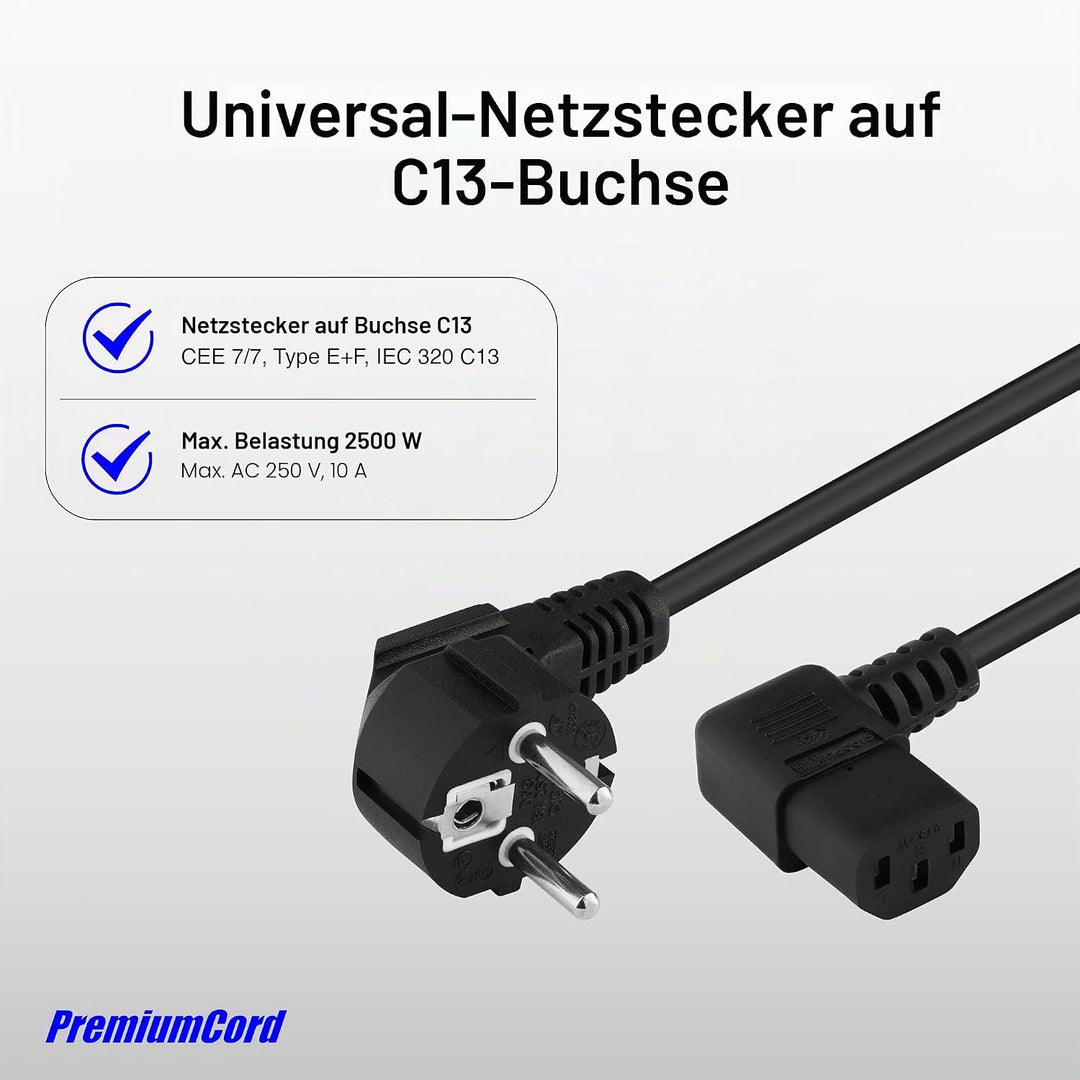 PremiumCord Netzkabel 230V 5m, Stromkabel mit Schutzkontakt gewinkelt auf Kaltgerätebuchse C13 gewin