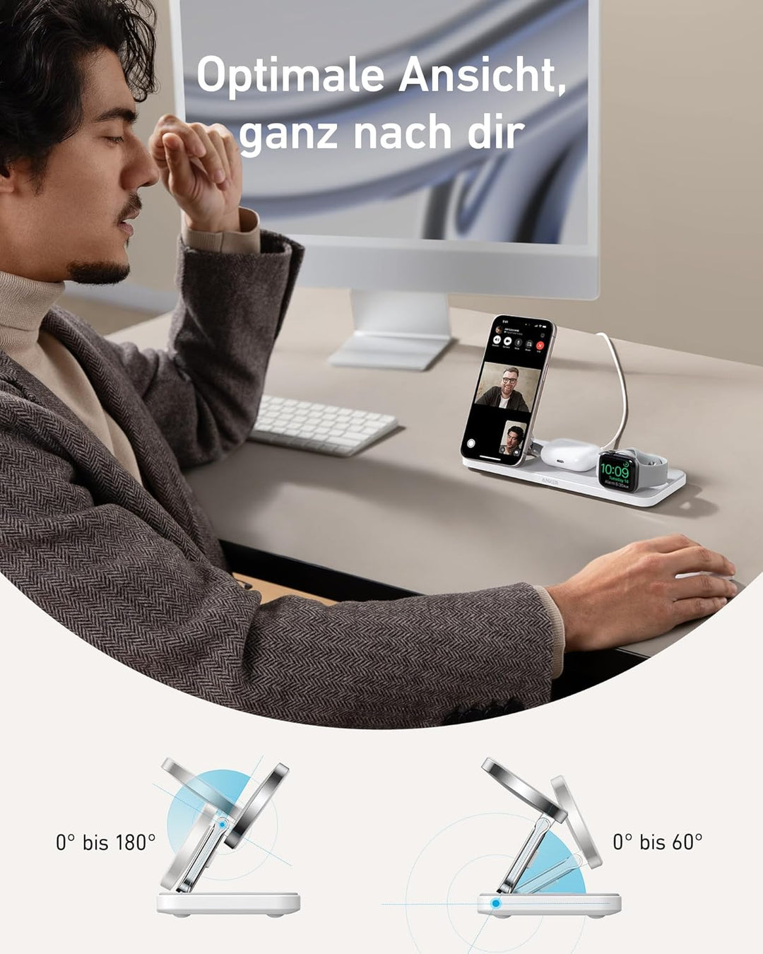 Anker MagGo Faltbare 3-in-1 Kabellose Ladestation, Qi2-zertifiziertes ultraschnelles 15W kabelloses