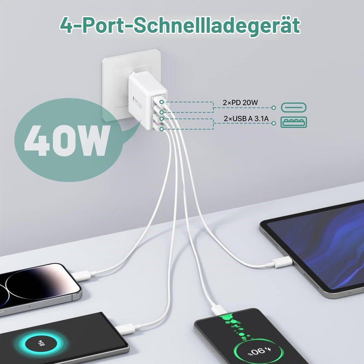 [2 Stück] USB C Ladegerät 40W, 4-Port USB C Ladegerät Block, Schnellladeblock Dual Port PD+QC Wandst