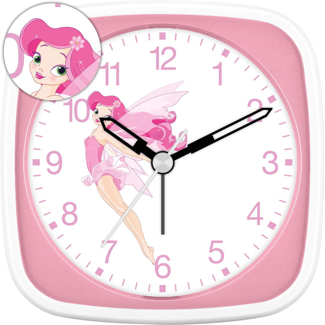 Eurotime Wecker für Mädchen mit Fee turnend, Rosa, Kinderwecker, Kunststoffgehäuse und Kunststoffgla