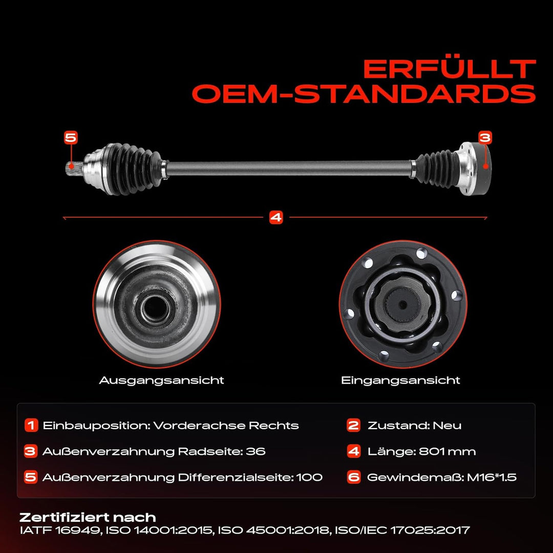 Frankberg Antriebswelle Vorne Rechts Kompatibel mit A3 8P1 1.2L 1.4L 2007-2012 A3 Sportback 8PA 1.2L