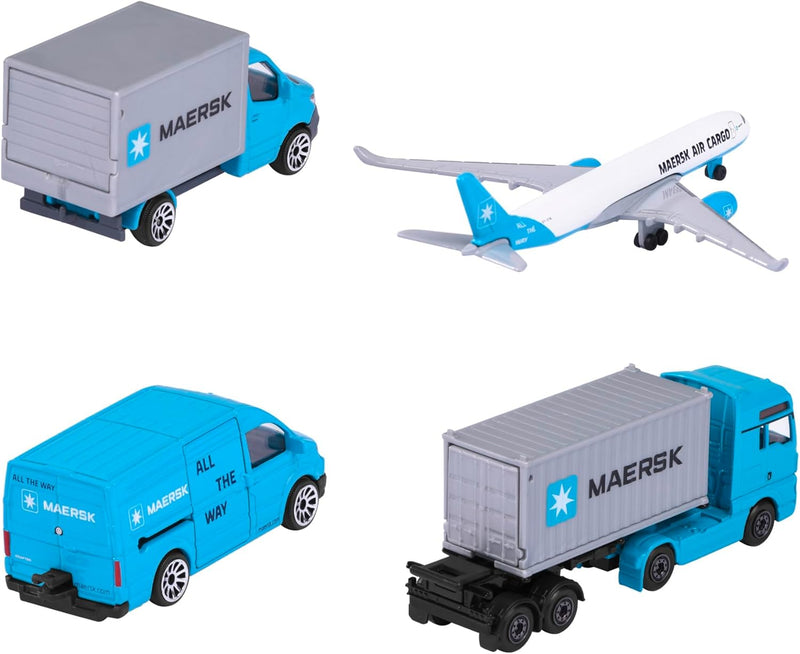 Majorette - Maersk Transport-Fahrzeuge (Geschenkset) - 4 Modellfahrzeuge aus Metall (Man Truck, Merc