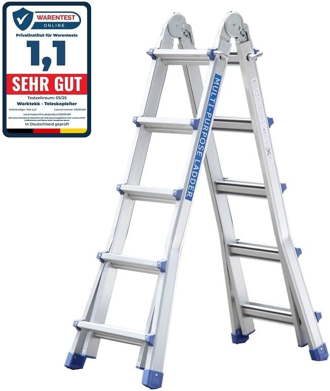 Worktekk® Profi 4/7/14 Teleskopleiter Leiter 14 Sprossen Aluleiter Mehrzweckleiter Klappleiter Bockl