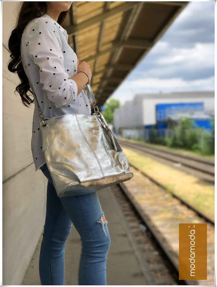 modamoda de T185 Damen Leder Schultertasche, handmade in Italy Gold-metallic, Gold-metallic