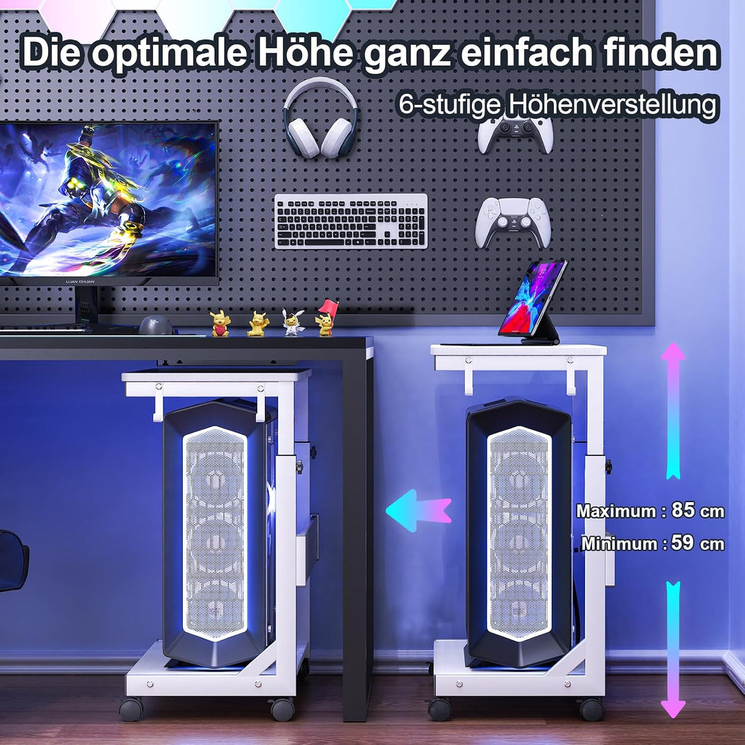Höhenverstellbarer PC Ständer mit Rollen, 2 Haken, 2-stufig | Computer Tower Ständer, Druckerständer