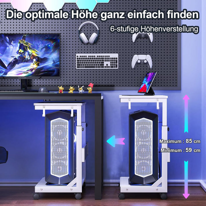 Höhenverstellbarer PC Ständer mit Rollen, 2 Haken, 2-stufig | Computer Tower Ständer, Druckerständer