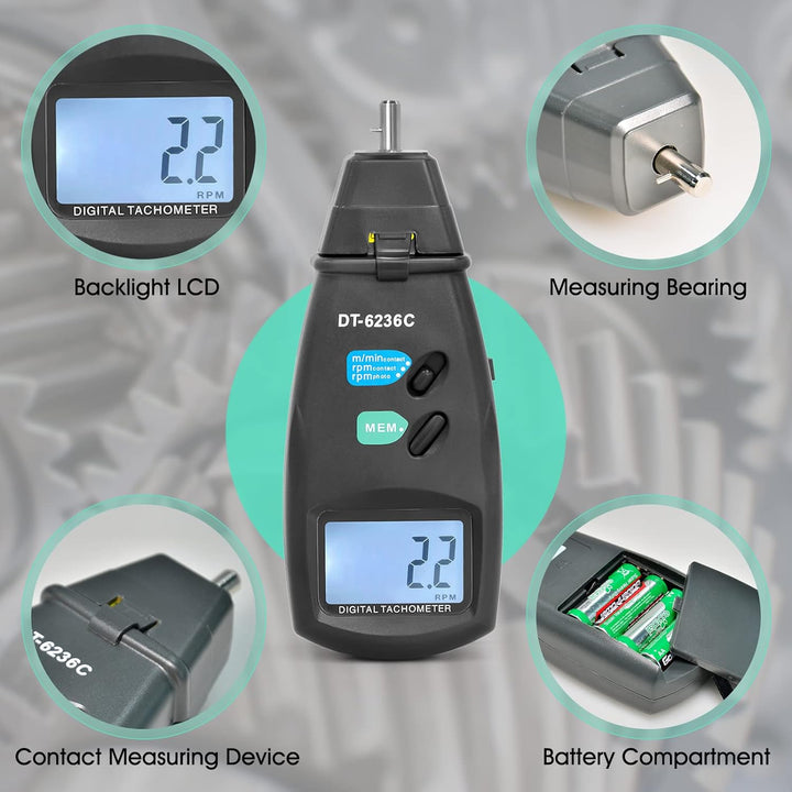 Digitaler Drehzahlmesser Handheld Photo Tachometer GR-6236C Berührungslose Reichweite mit Max/Min/AV