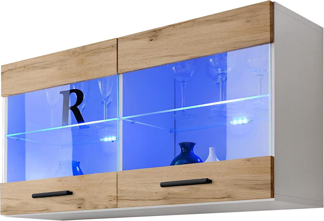 Komodee, Vitrine Schrank Savona, Wotan/Weiss, Breite 100cm x Höhe 50cm x Tiefe 30cm, ohne LED, 2 Gla