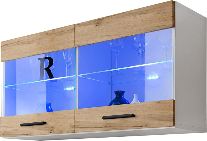 Komodee, Vitrine Schrank Savona, Wotan/Weiss, Breite 100cm x Höhe 50cm x Tiefe 30cm, ohne LED, 2 Gla