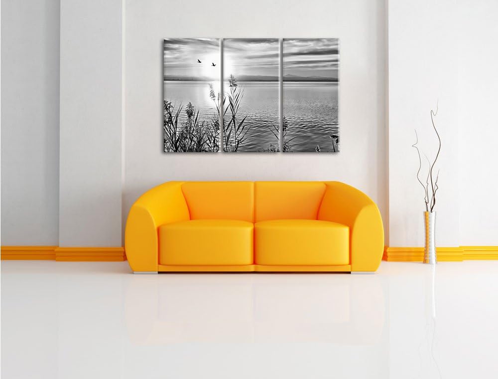 Pixxprint Monocrome, Sonnenuntergang am See 3-Teiler Leinwandbild 120x80 Bild auf Leinwand