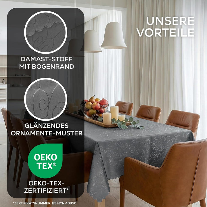 BEAUTEX Tischdecke Damast Ornamente - Bügelfreies Tischtuch - Fleckabweisende, Pflegeleichte Tischwä