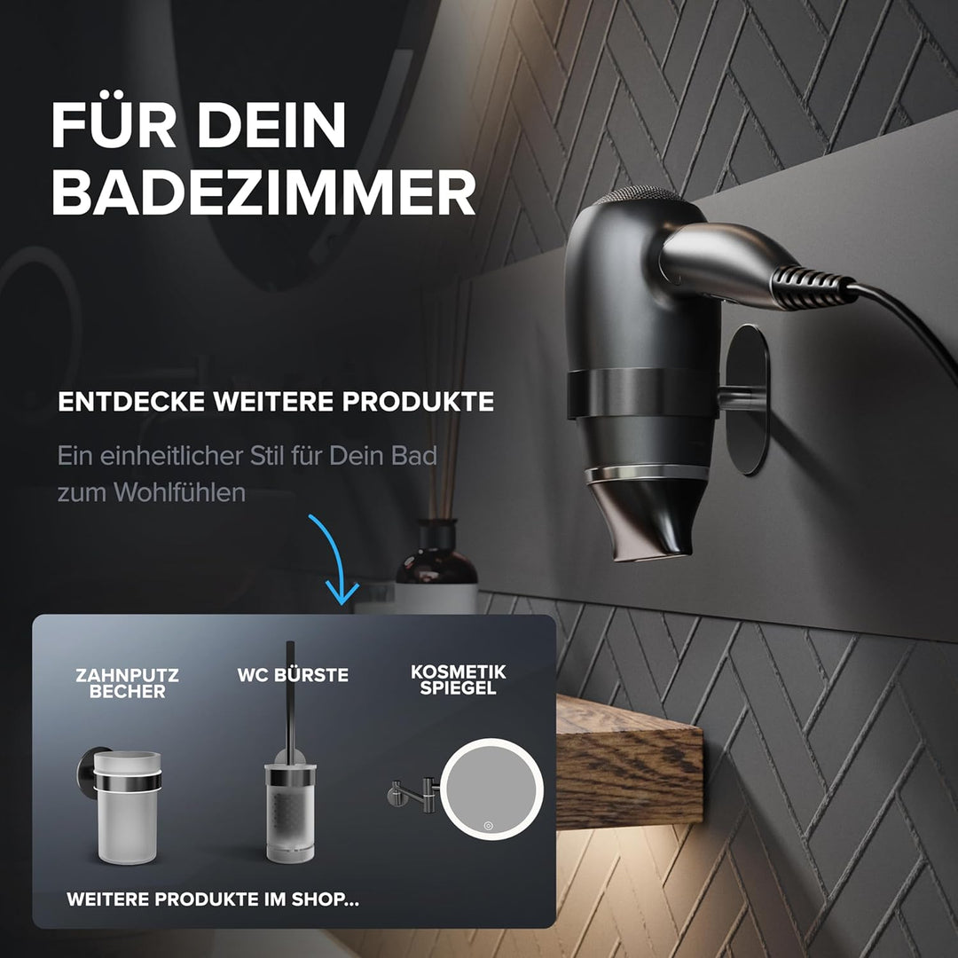 Haartrocknerhalter Mesmogtind | Edelstahl | Gunmetal | mit Wandmontage ohne Bohren | mit Fönpolsteru