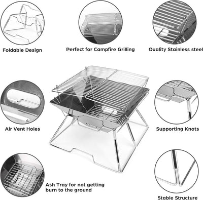 Odoland BBQ Feuerstelle Tragbare Lagerfeuerstelle Faltbarer Campinggrill 304 Edelstahl Grill für Cam