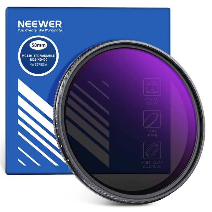 NEEWER 58mm Variabler ND Filter ND2-ND400, Hard Stop Limited Einstellbarer Graufilter mit mehrfach b