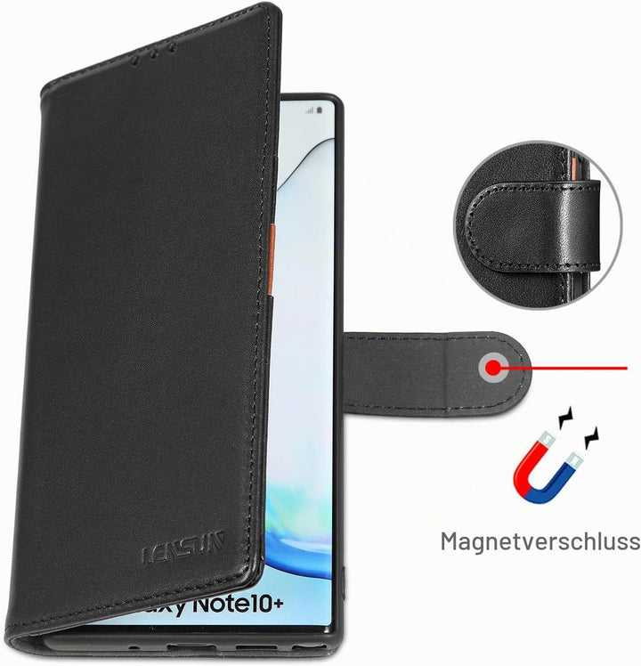 LENSUN Echtleder Hülle für Samsung Galaxy Note 10 Plus, Handyhülle [Echtes Leder] [Magnetverschluss]