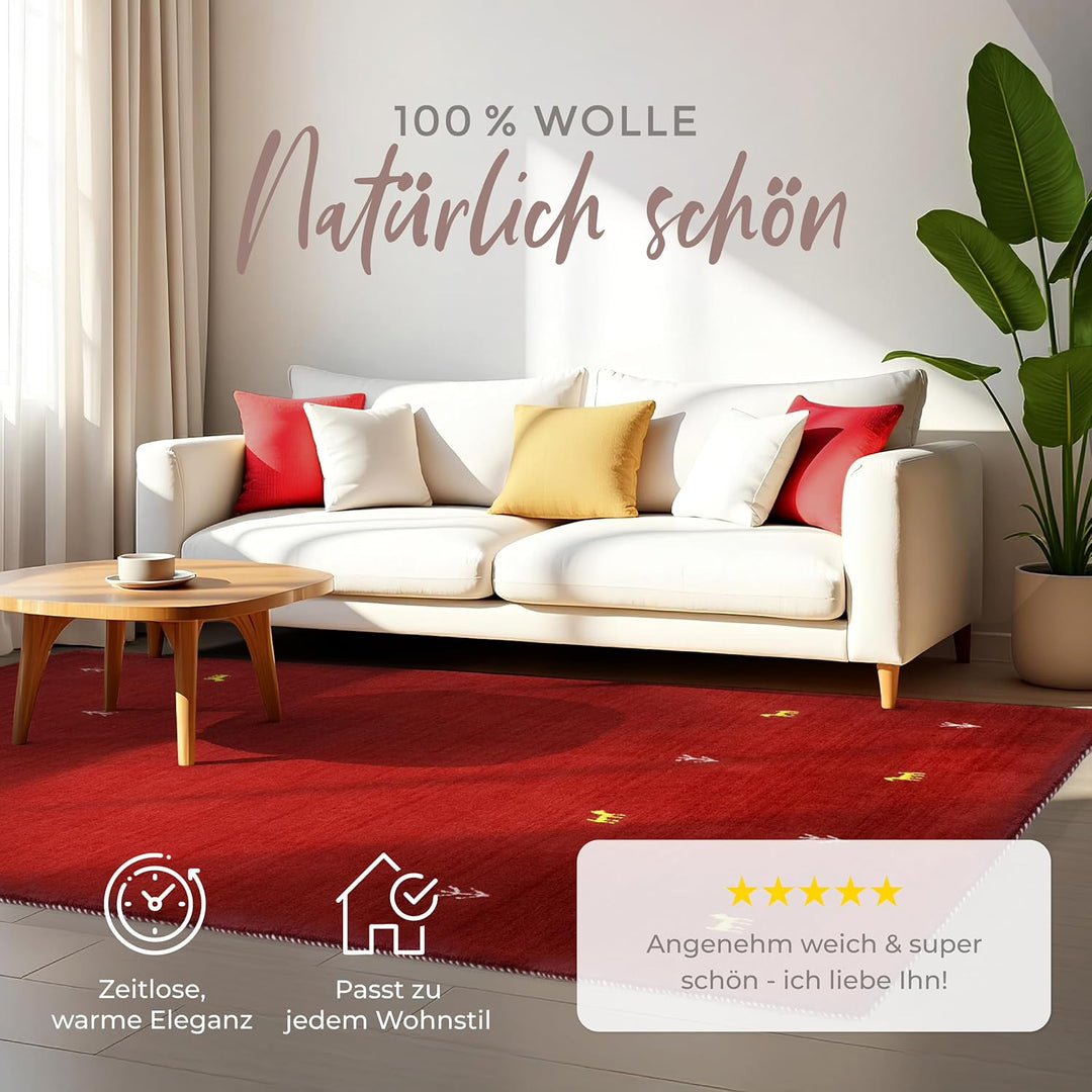 carpetfine Wollteppich Gabbeh Uni Rot 60x90 cm | Moderner Teppich für Wohn- und Schlafzimmer Rot 60