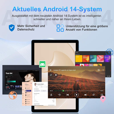 2025 Neueste Tablet 10 Zoll mit Widevine L1, Android 14 Tablet, 20GB RAM+128GB ROM(TF 1TB), Octa-Cor