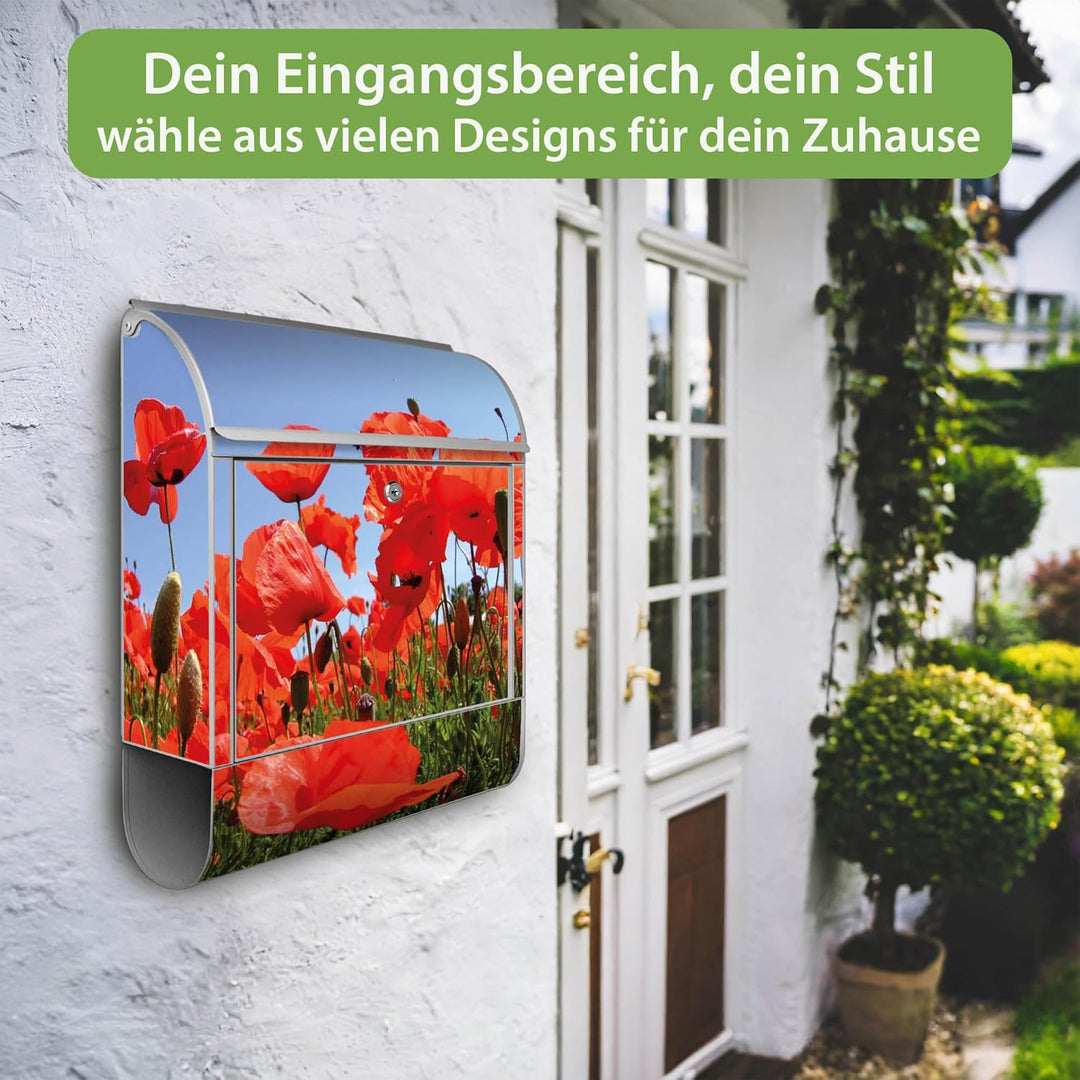banjado® Design Briefkasten mit Motiv Mohnblumen 39x47x14cm &amp; 2 Schlüssel - Briefkasten Stahl Silber