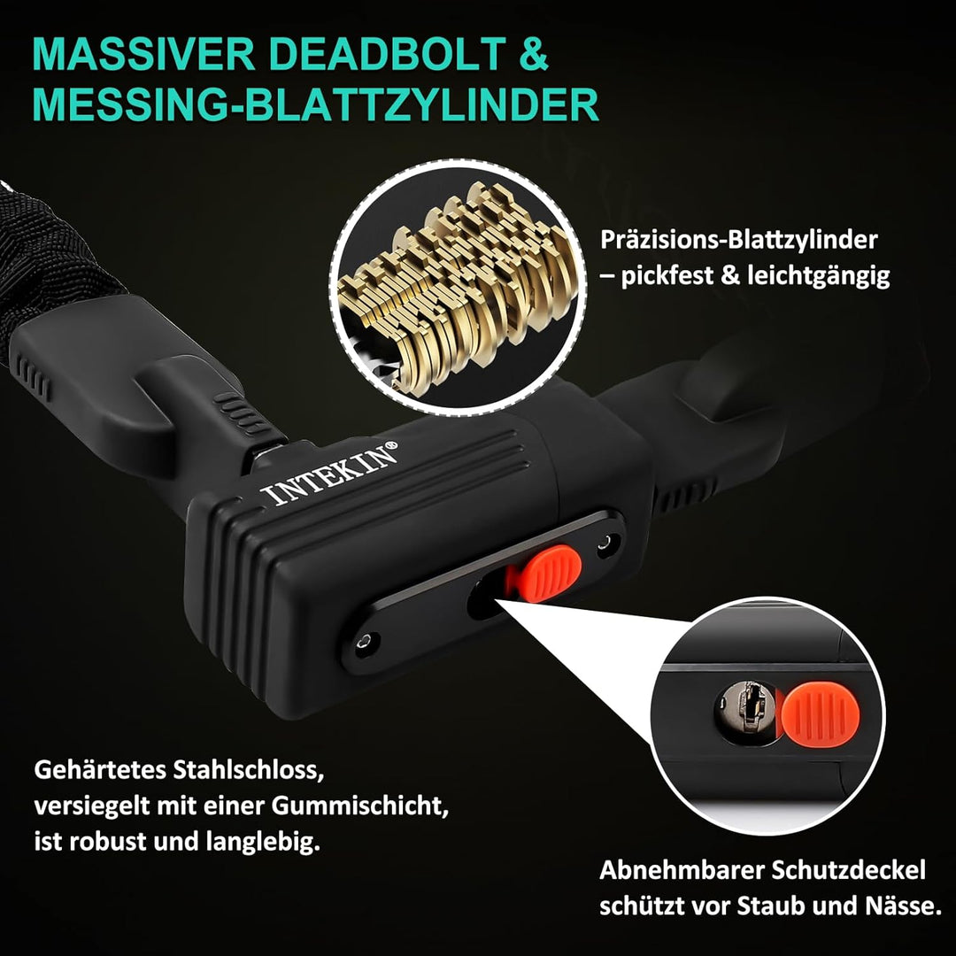 INTEKIN Kettenschloss 120cm lang, Schwer Motorrad-/ Fahrradschloss aus 8mm gehärteter Stahlkette, Ho
