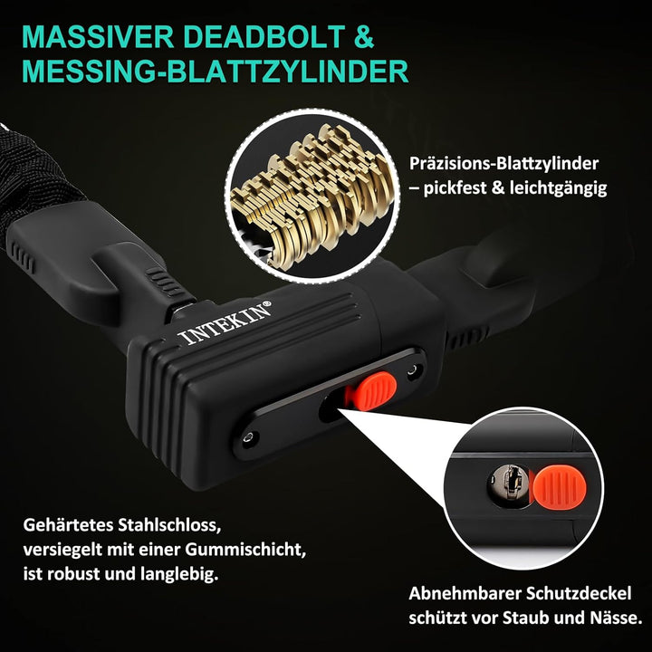 INTEKIN Kettenschloss 120cm lang, Schwer Motorrad-/ Fahrradschloss aus 8mm gehärteter Stahlkette, Ho