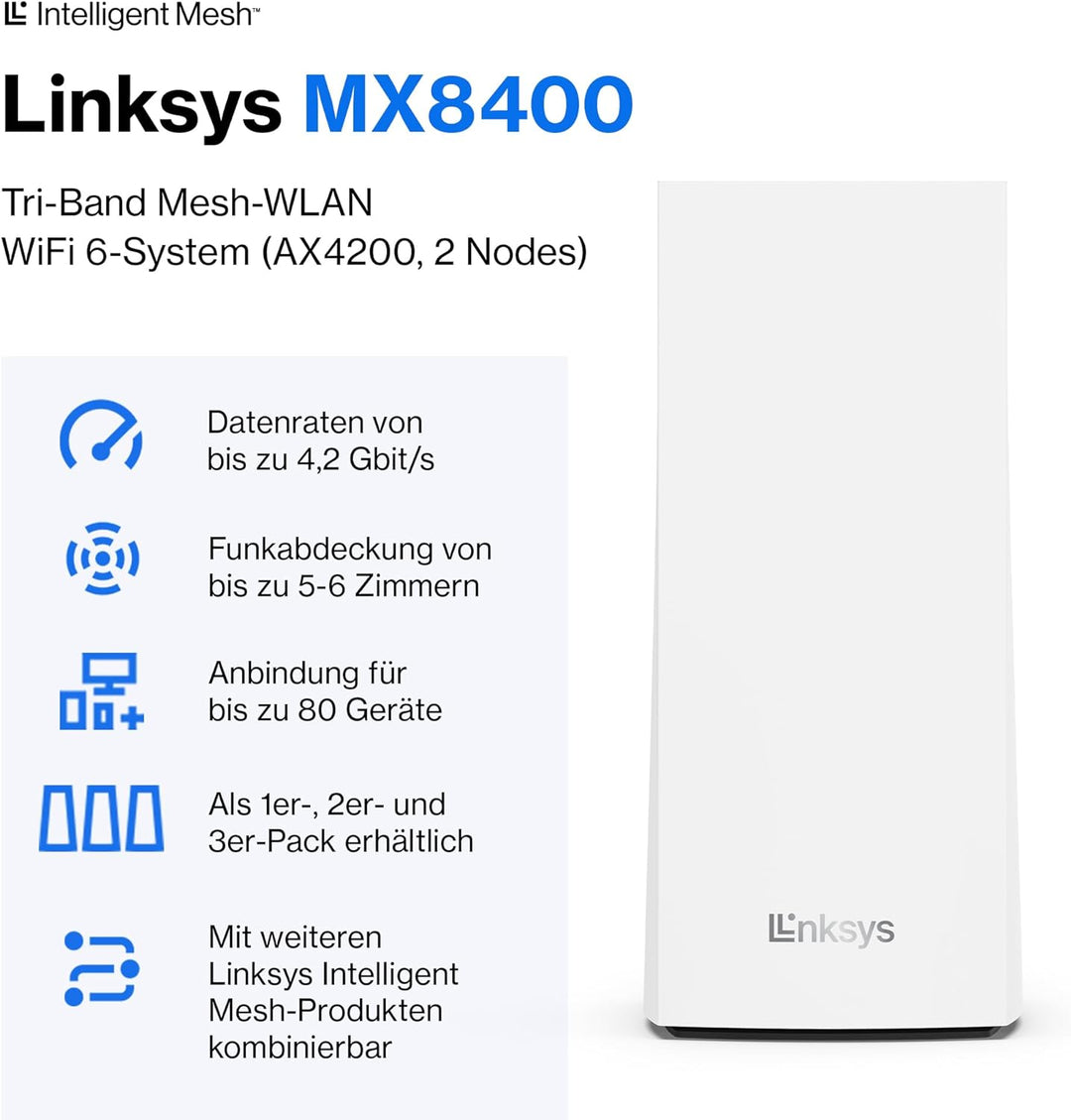 Linksys Velop MX8400 Tri-Band Mesh-WiFi 6-System (AX4200) WLAN-Router, Repeater, Extender mit bis zu