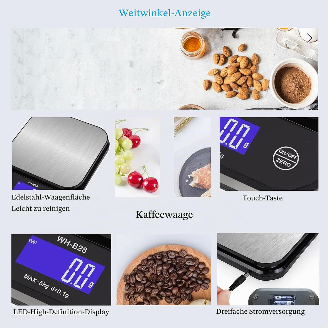 Rhorawill Kaffeewaage, Digitale Küchenwaage USB Aufladen, 5kg/0.1g Hochpräzise Digital Kaffee Skala