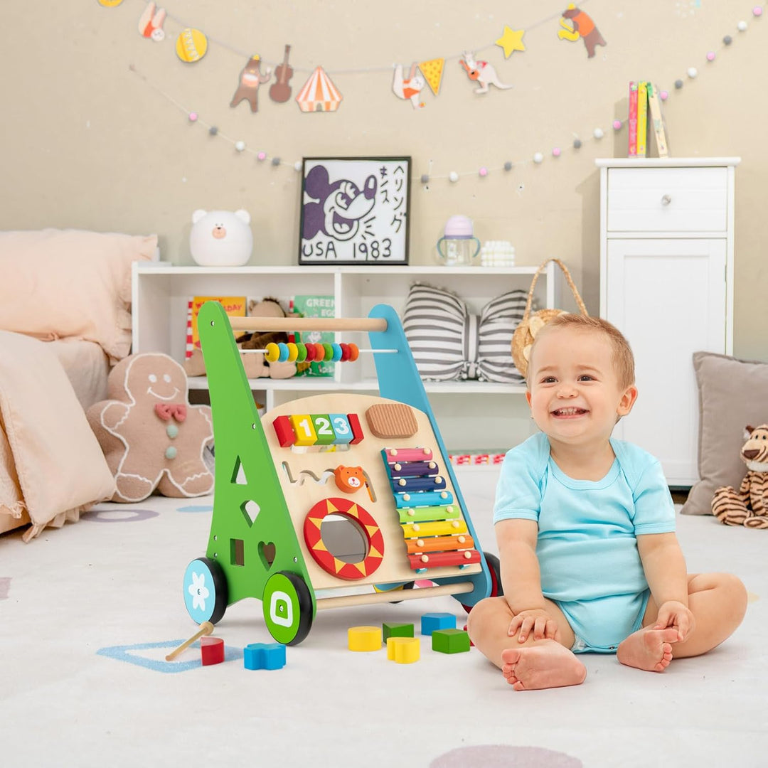 COSTWAY Baby Lauflernhilfe aus Holz, Lauflernwagen multifunktional mit glatten Griffe, Gummireifen &