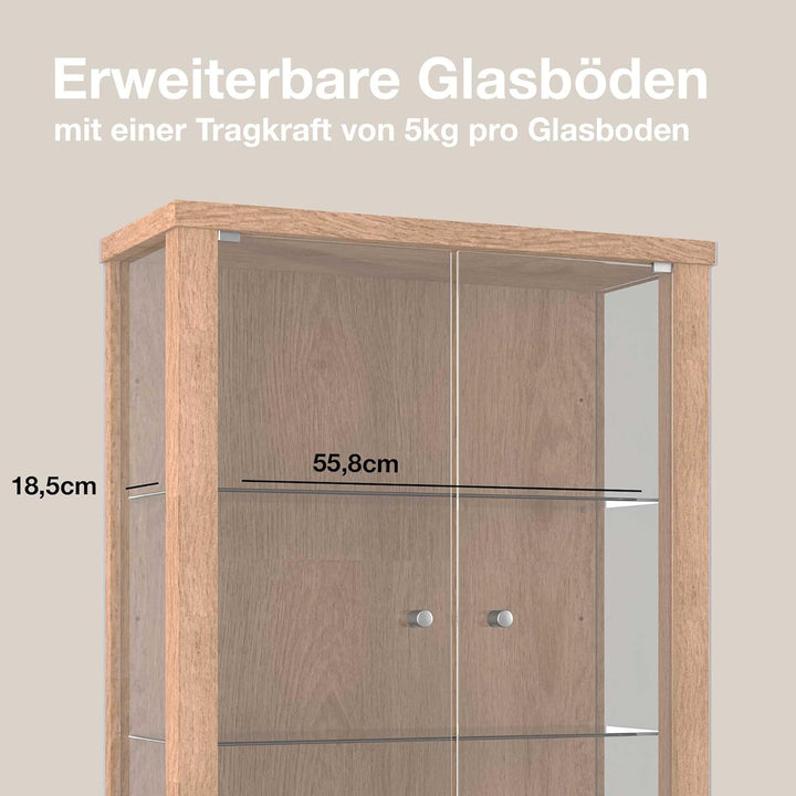 K-Möbel Hängevitrine Glas in Winchester Eiche (80x60x25 cm) mit 2 höhenverstellbaren Glasböden - Mod