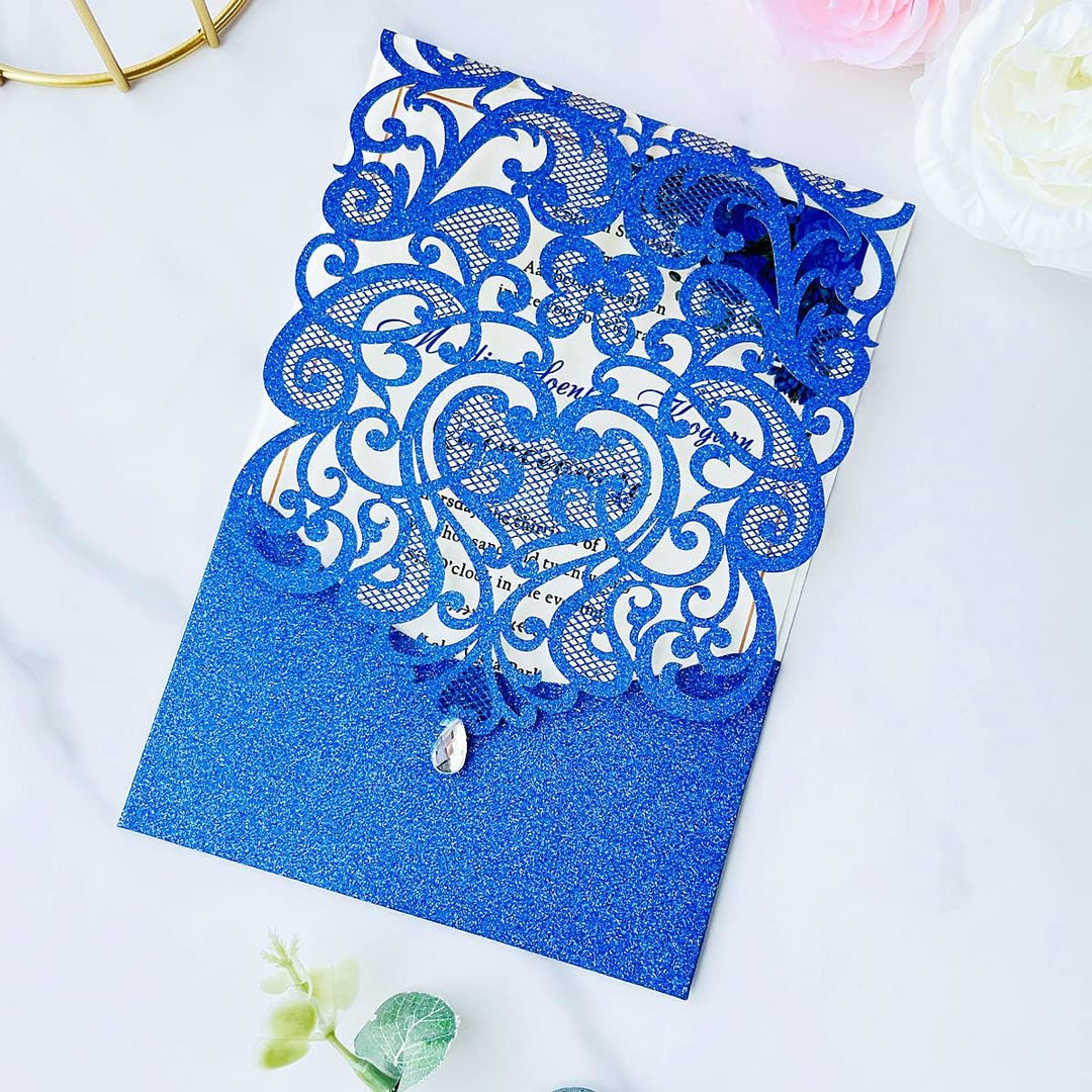 Hosmsua 20x Blau Glitzer Hochzeit EinladungsKarten Lasercut Rose Spitze Wasserdiamant Hochzeitseinla