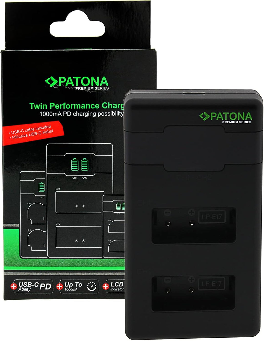 PATONA PD Dual Ladegerät USB-C (1000mA), LCD QC/PD 3.0, für LP-E17 Akku | Schnellladung ab 20W Netzt