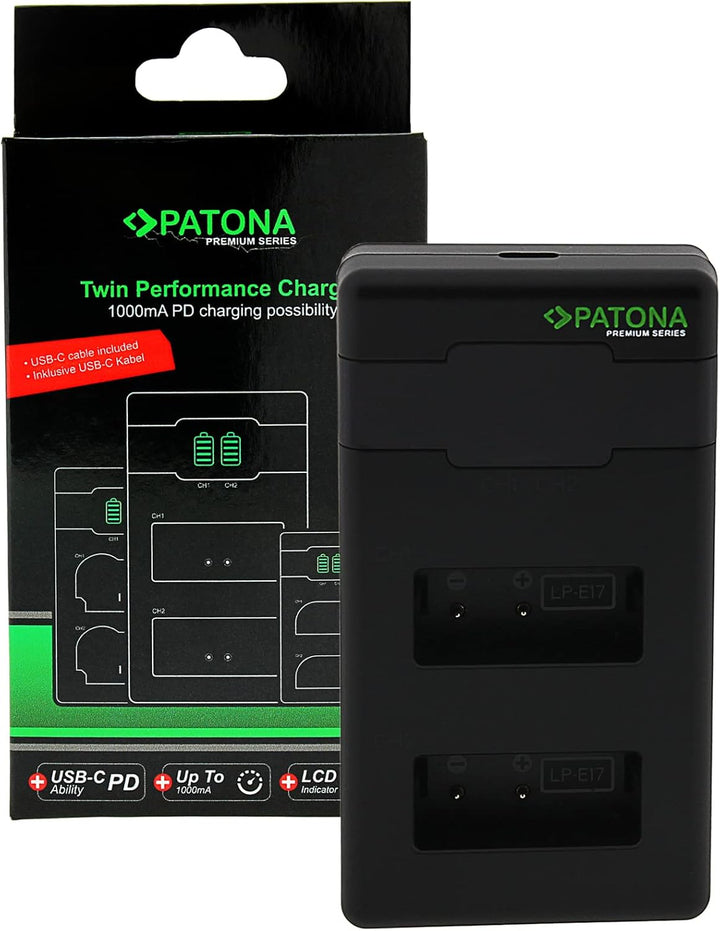 PATONA PD Dual Ladegerät USB-C (1000mA), LCD QC/PD 3.0, für LP-E17 Akku | Schnellladung ab 20W Netzt