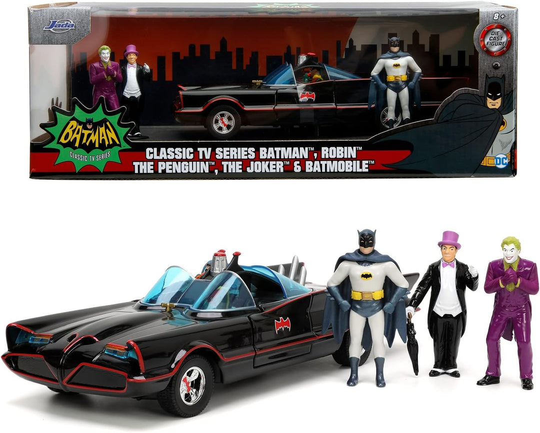 Jada Toys DC Batmobil 1966 Deluxe mit 4 Figuren - hochwertiges Modell-Set zur Batman Classic TV-Seri
