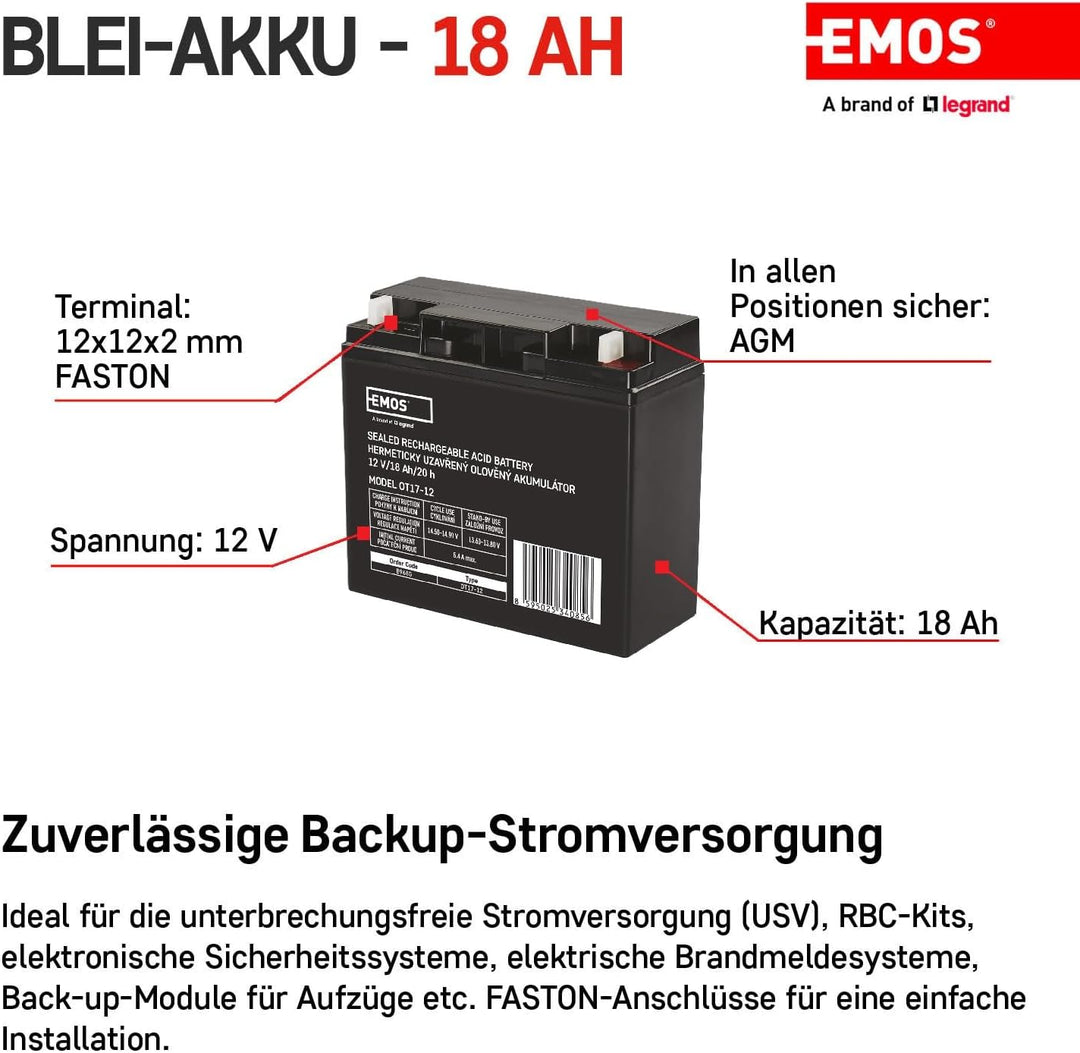 EMOS - Wartungsfreier Bleiakku - 12V 18Ah - AGM Batterie - Für Notbeleuchtung, Alarmsysteme, USV-Ger