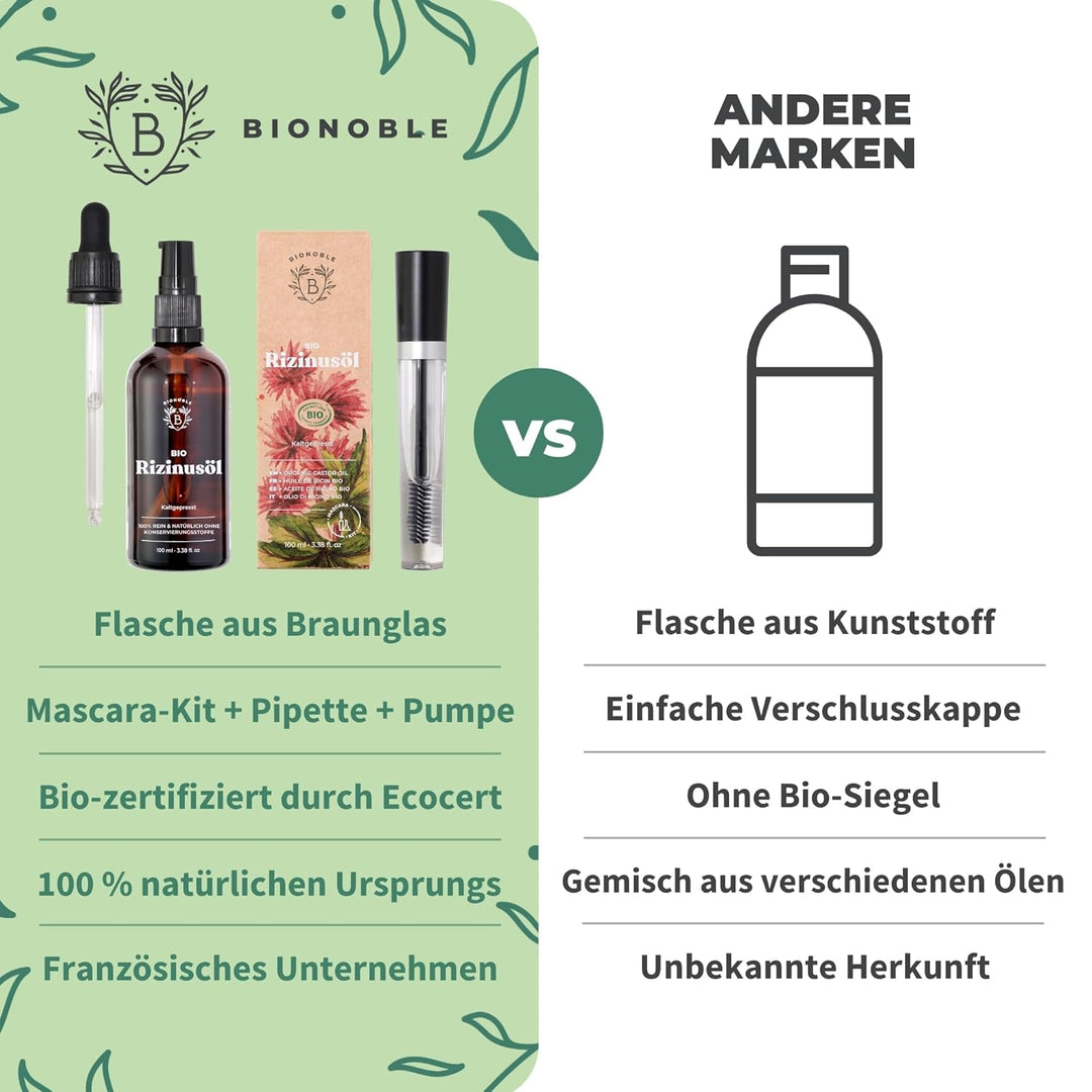BIONOBLE Rizinusöl Kaltgepresst Bio + Mascara-Kit, 100% Natürlich - Wachstumsfördernd, Repariert - R