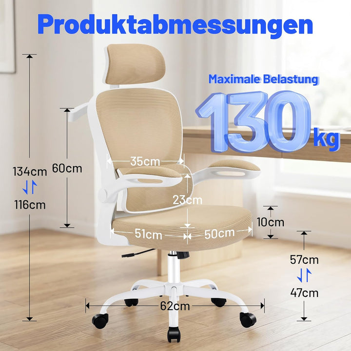 Bürostuhl Ergonomisch mit Kopfstütze, Verstellbarer Lendenwirbelstütze & Netzbespannung, Höhenverste