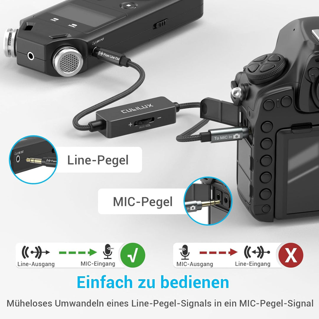 Cubilux 3,5 mm TRS Line Out zu Mikrofon In Attenuator Kabel, Line Level zu Mic Level Dämpfung mit Ro