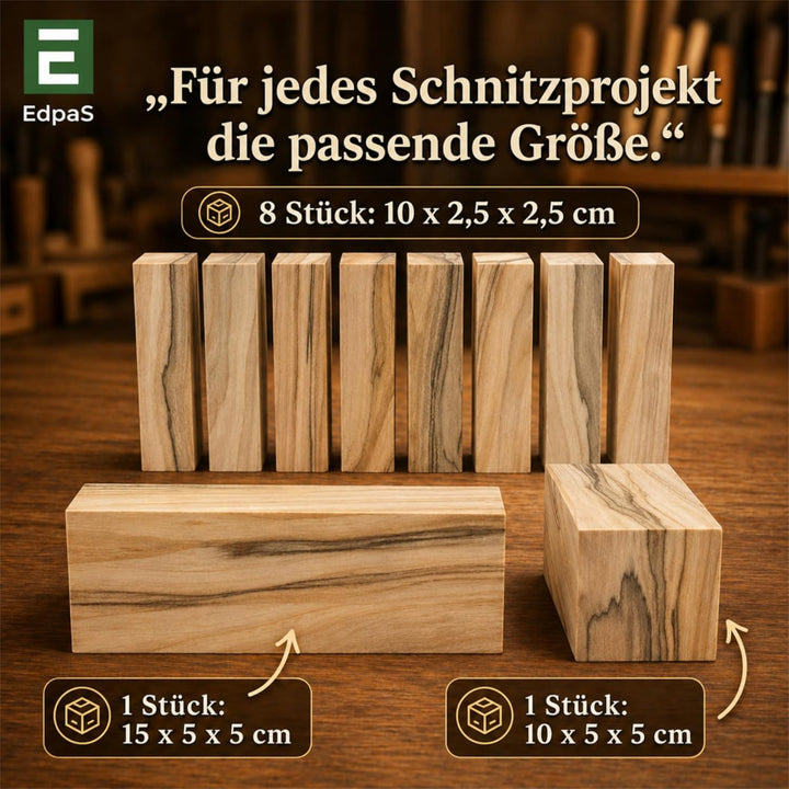 EdpaS Walnuss Schnitzholz Set 10 Stück – Schnitzrohlinge aus Walnussholz in 3 Grössen, Holzklötze zu