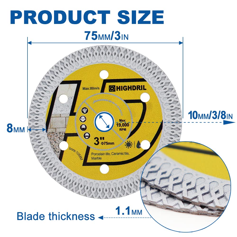 HIGHDRIL Diamantscheibe Fliese 75mm x 10mm, 3STK X-Zähne Fliesensägeblatt für Hartkeramik Porzellanf