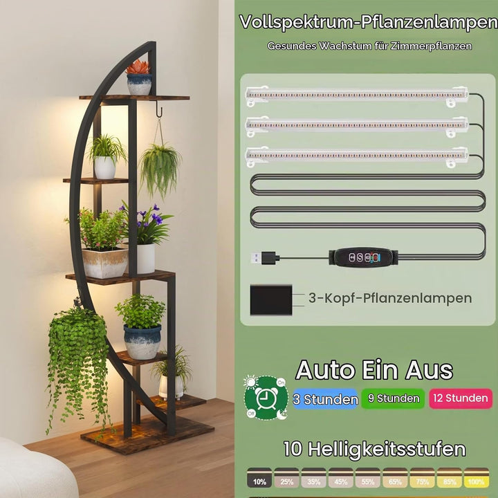 2er-Set Blumenständer mit Wachstumslicht, 6 Ebenen Grosses Pflanzenständer 160cm Hoch, Metall-Holz P
