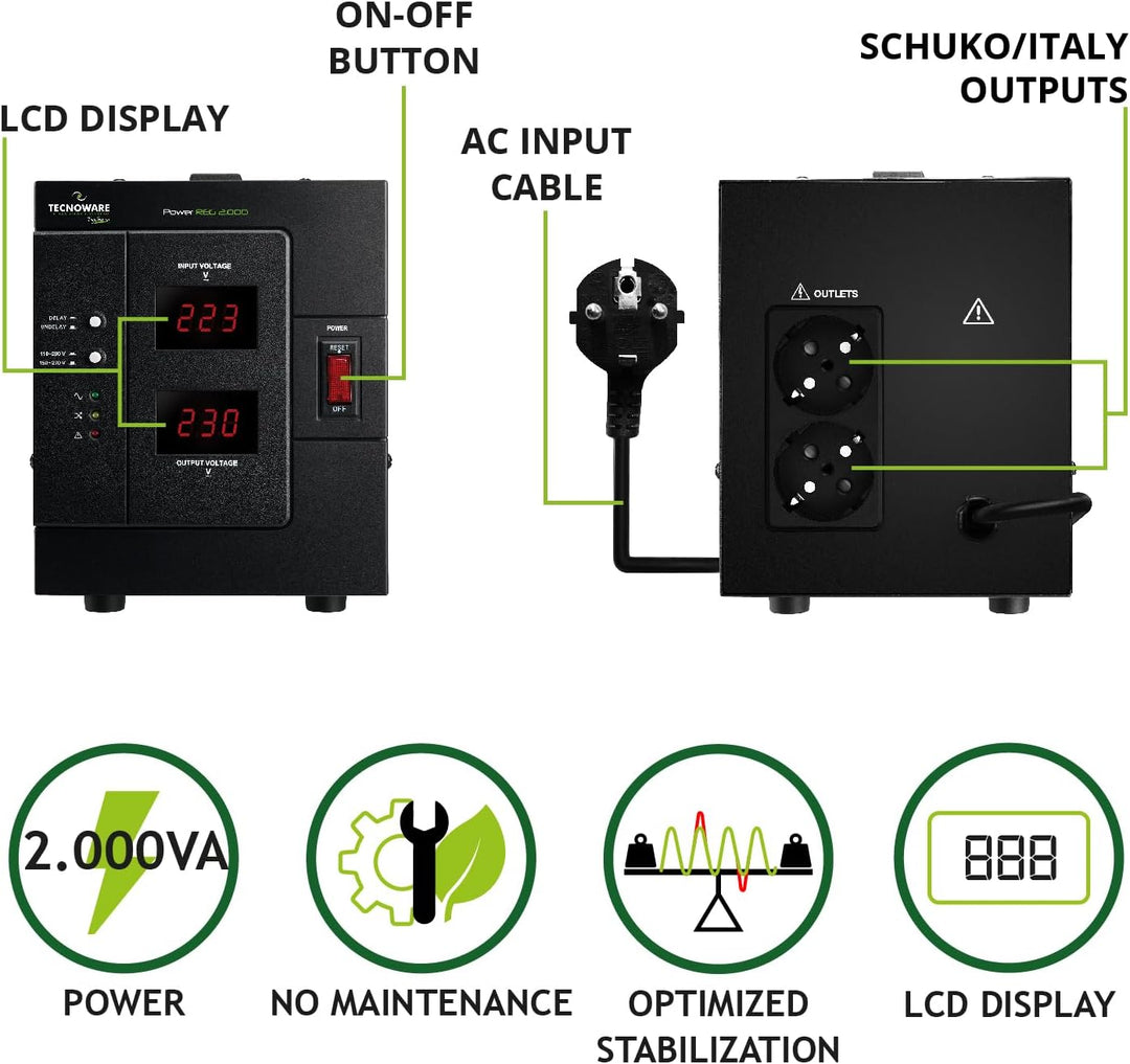 Tecnoware Power Reg 2000VA - Einphasiger Elektronischer Stabilisator - Stabilisierung ±6% - Kabelein