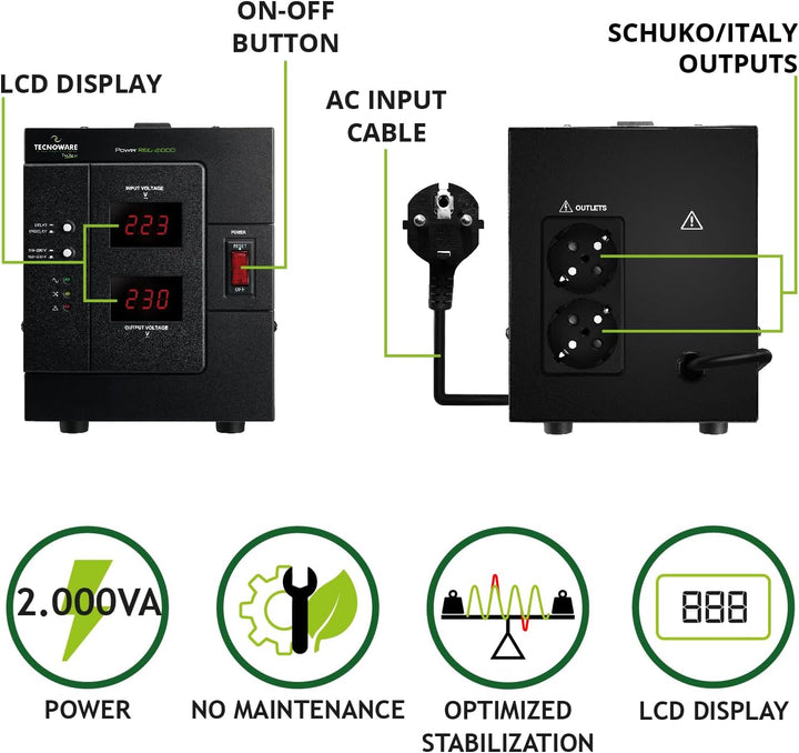 Tecnoware Power Reg 2000VA - Einphasiger Elektronischer Stabilisator - Stabilisierung ±6% - Kabelein