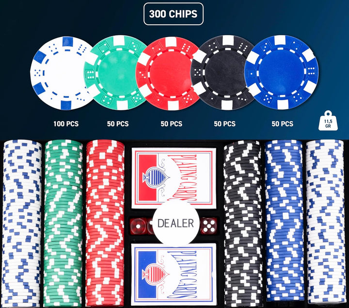 Engelhart Pokerkoffer 300 Chips 11,5 g ohne Wertung – Poker Set mit Aluminiumkoffer, 2 Kartenspielen