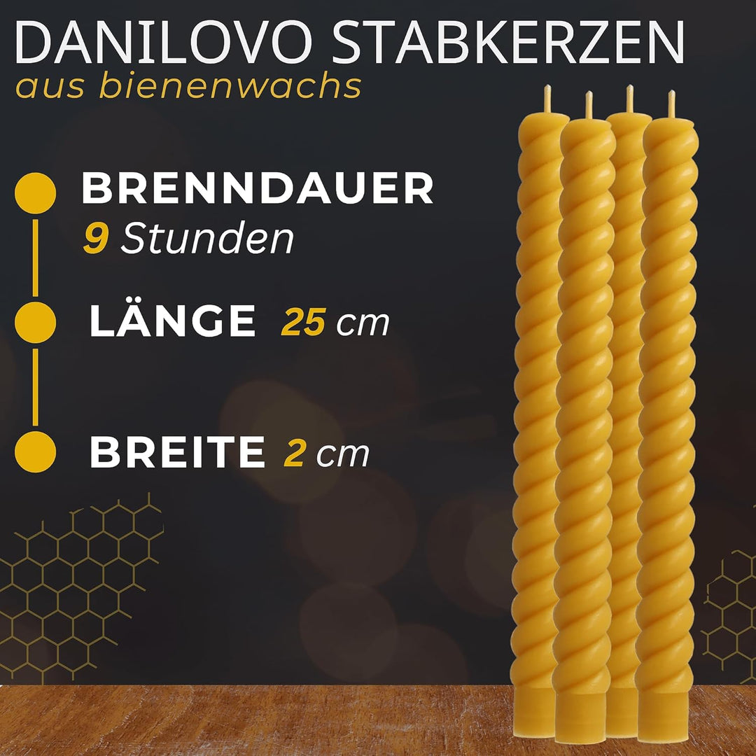 Danilovo Stabkerzen Bienenwachskerzen 4 Stück – Natürliche, Nachhaltige, Lang Brennende Bienenwachsk