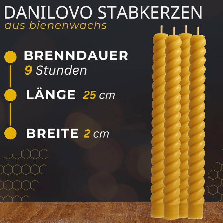 Danilovo Stabkerzen Bienenwachskerzen 4 Stück – Natürliche, Nachhaltige, Lang Brennende Bienenwachsk