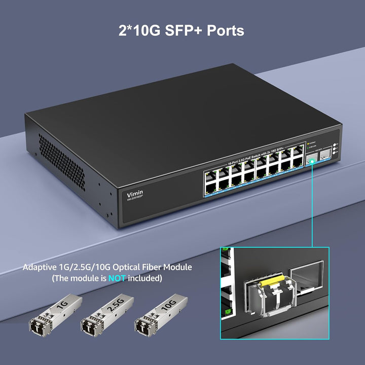 16 Port 2.5G PoE Switch Unmanaged mit 2X 10Gbps SFP, VIMIN 16x 2.5G Base-T PoE Ports, 10G SFP PoE Sw