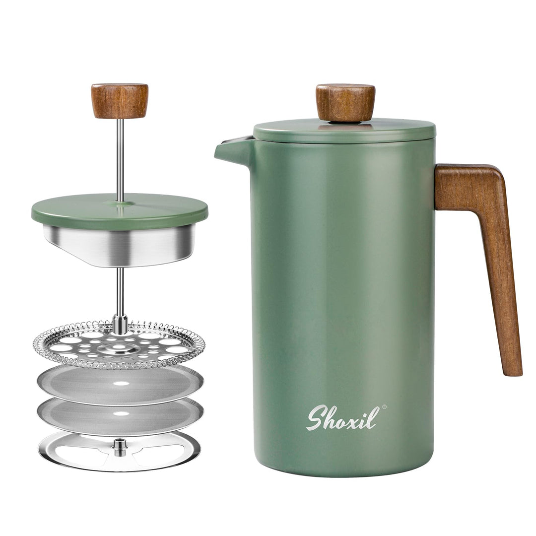 French Press Thermo Kaffeebereiter 1 Liter/8 Tassen, Edelstahl, grüne aus Echtholz, doppelwandig, is