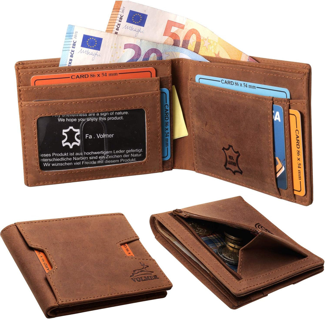 Fa.Volmer ® Schlanke Leder Geldbörse mit RFID-Schutz - Büffelleder im Antique-Look - kleines Münzfac