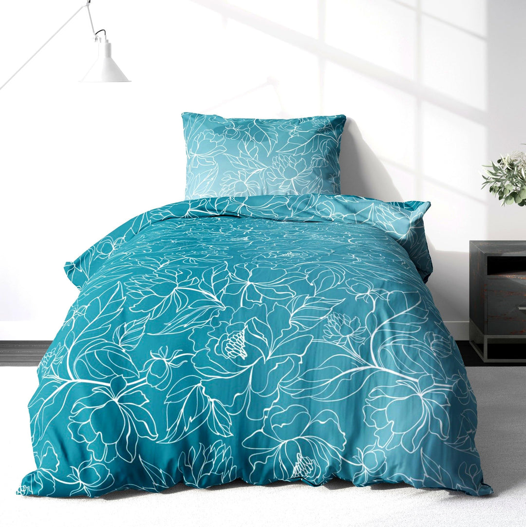 Biber Bettwäsche Set 2tlg 135 x 200cm - Winterbettwäsche Blumen Ranken-Motiv in Türkis Weiss - Fein-